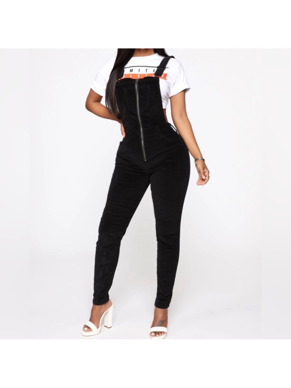 Fashion Nova Black Corduroy Zip-Front Overalls
